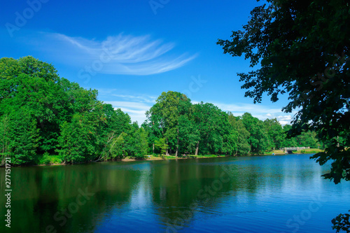 COVER VIEW WITH GREEN POND TREES IN THE PARK AND CLEAR SKY WITH ONE CLOUD
