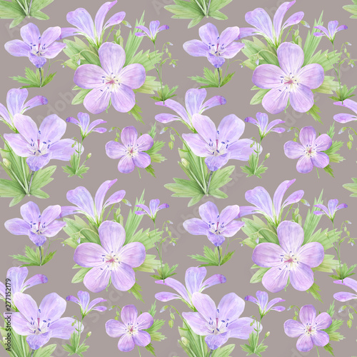 Seamless pattern of watercolor geranium flowers. Perfect for web design  cosmetics design  package  textile  wedding invitation  logo