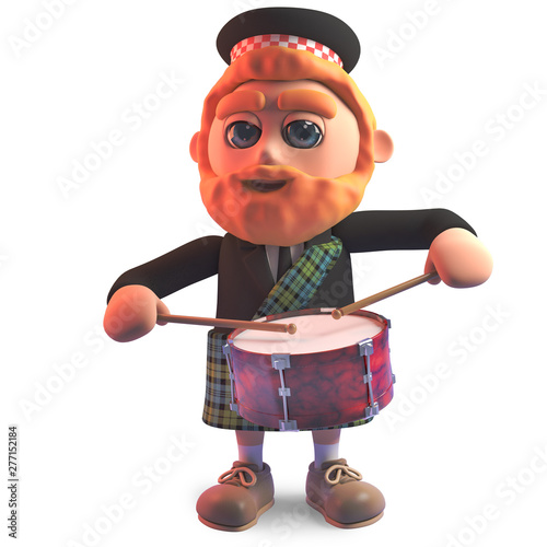 фотографія Scottish main kilt drumming frantically on a drum, 3d illustration