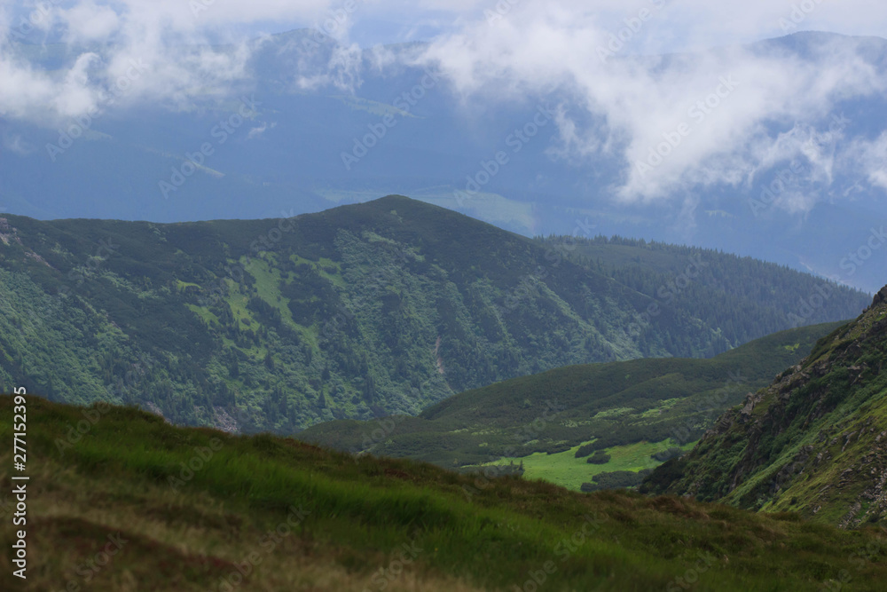 Beautiful green mountains hills and cloudy blue sky - obrazy, fototapety, plakaty 