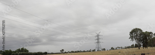 panoramic views looking up at tall towering high energy electrical overhead power transmission towers looming high over native Australian trees and flora on a cloudy day, rural Australia
