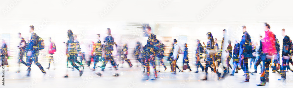 Beautiful motion blur of walking people in train station. Early morning rush hours, busy modern life concept. Ideal for websites and magazines layouts - obrazy, fototapety, plakaty 