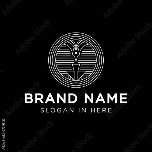 badge with line art style with pen and podium illustration inside logo inspiration