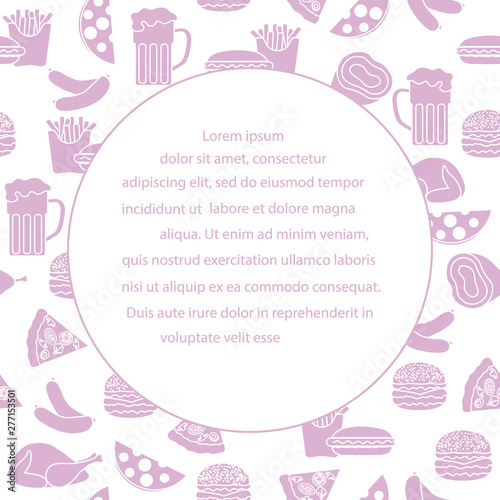 Beer, different types of food and fast food.