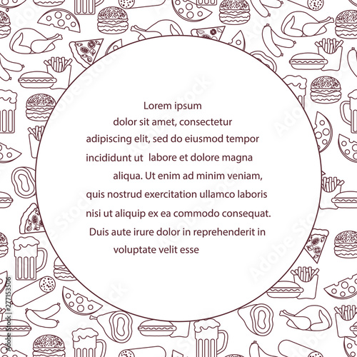 Beer, different types of food and fast food.