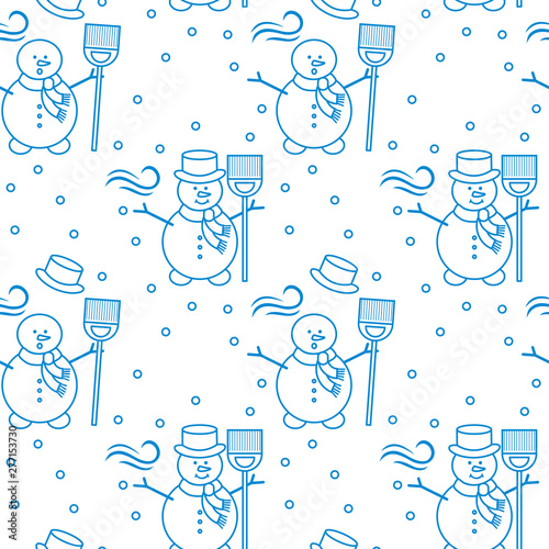 Seamless pattern with snowman, broom, hat, wind.
