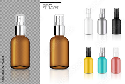 Mock up Realistic Spray Bottle Cosmetic Set Template with black, Transparent Amber, Silver, Rose gold, Blue and Yellow Colour on White Background Illustration