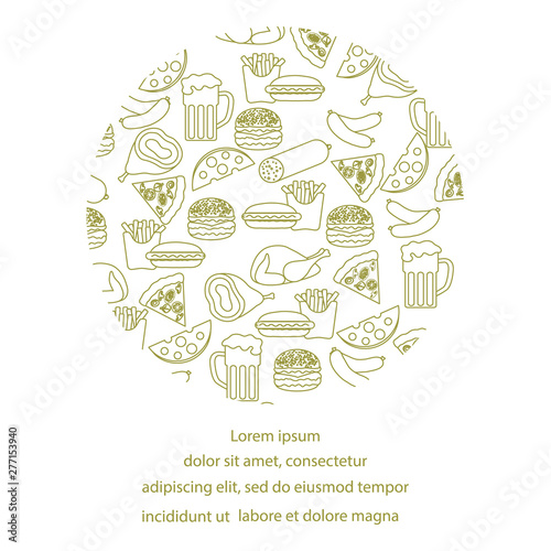 Beer, different types of food and fast food.