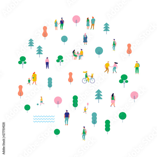 Summer park arranged in circle shape. Happy people walking and running, riding bicycle. Outdoor activity. Male and female. Flat vector illustration isolated on white background. 