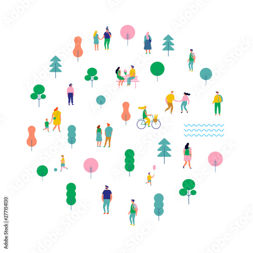 Summer park arranged in circle shape. Happy people walking and running, riding bicycle. Outdoor activity. Male and female. Flat vector illustration isolated on white background. 