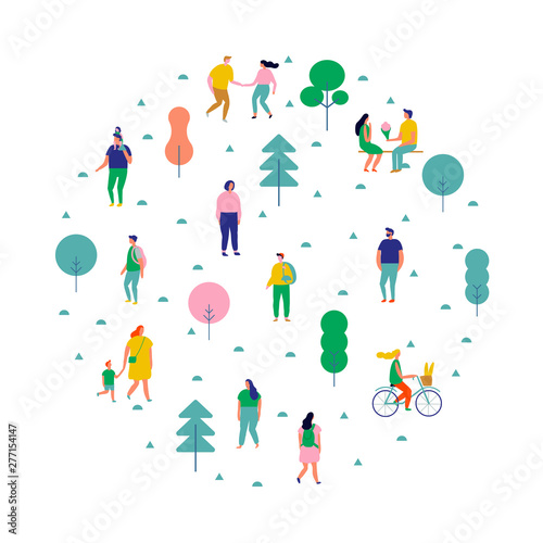 Summer park arranged in circle shape. Happy people walking and running, riding bicycle. Outdoor activity. Male and female. Flat vector illustration isolated on white background. 