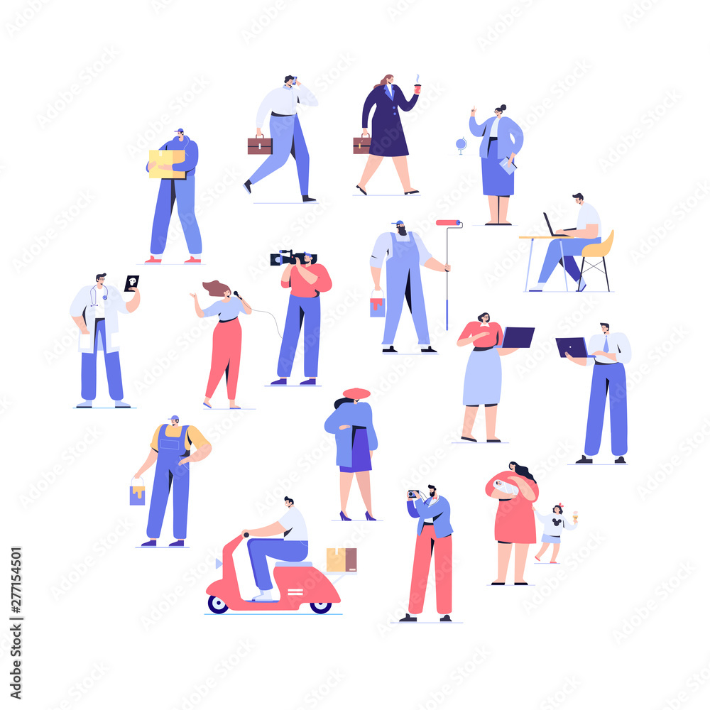 People of different occupations. Proffessions. Сourier, painter, teacher, businessman, teacher, operator, presenter, programmer, doctor. Flat vector characters	