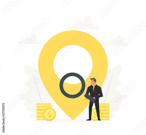 Businessman holding a magnifying glass and stand near with big map pointer. Office man search a good locations