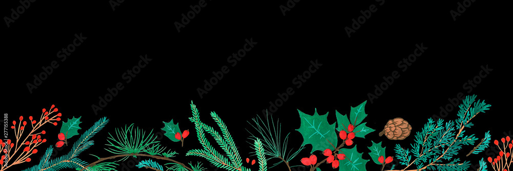 Seamless pattern with Pine cone xmas branch with red berry isolated fir on black background. Christmas party flyer design concept. Winter sale fair branding. New Year greeting card. Seamless pattern with Pine cone xmas branch with red berry isolated fir on black background. Christmas party flyer design concept. Winter sale fair branding. New Year greeting card.