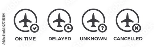 Flight status icons. Airport information - on time, unknown, delayed, cancelled. Airplane symbol set