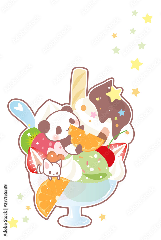 アイスパフェデザート かわいいパンダと猫ちゃん 暑中見舞い Stock イラスト Adobe Stock