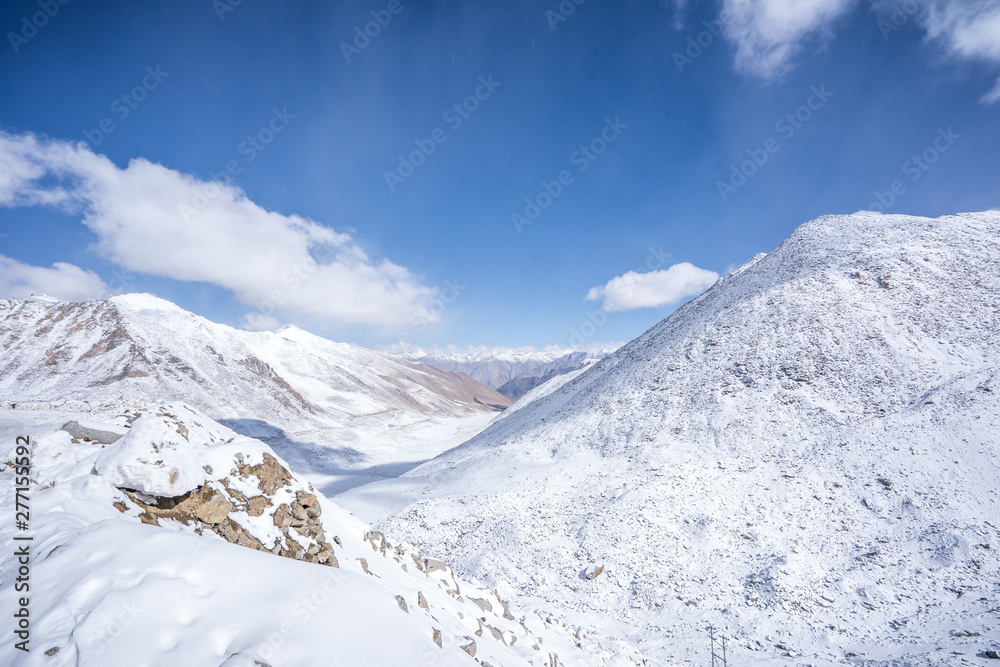 A view of snow mountain on the way from Leh to Pangong lake in Ladakh.