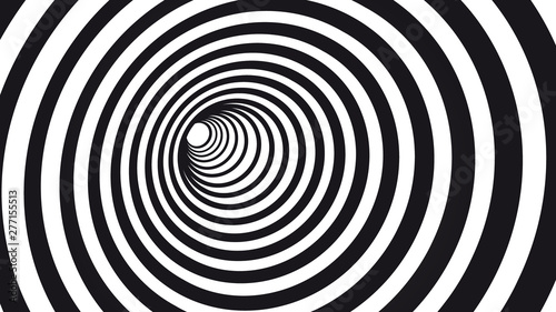 Geometric hypnotic spiral. Black and white striped optical illusion illustration. Geometrical wormhole shape pattern.