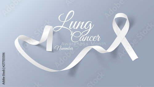 Lung Cancer Awareness Calligraphy Poster Design. Realistic White Ribbon. November is Cancer Awareness Month. Vector Illustration