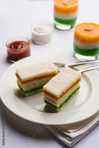 Tricolor Tiranga sandwich with orange and green chutney perfect picture for Indian republic   independence day greeting