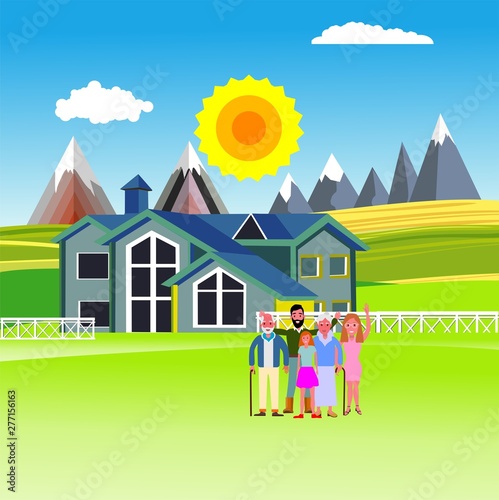 Flat illustration of Countryside view, farm village in summer Landscape vector. House and family Sun and sun rays