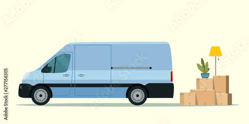 Things in box in the trunk of the cargo van. Moving House. Vector flat style illustration