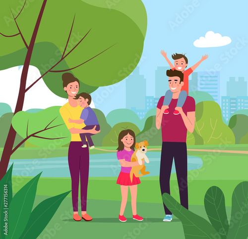 Mother and father with children and dog. Happy family in the park.Vector flat style illustration