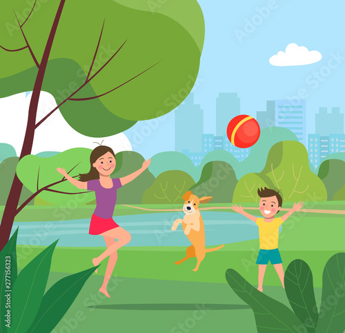 Boy,  girl and dog play ball in the park. Vector flat style illustration