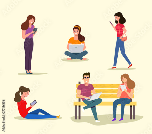 People look at gadgets. Vector flat illustration