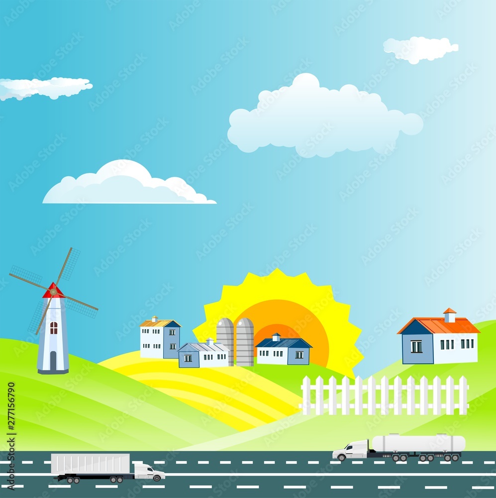 Flat illustration of Countryside view, farm village in summer Landscape vector. Highway with automobils, Sun and sun rays Flat illustration of Countryside view, farm village in summer Landscape vector. Highway with automobils, Sun and sun rays