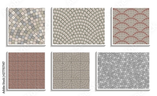Set of seamless round pavement textures. Vector repeating patterns of radial stone material