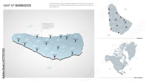 Vector set of Barbados country.  Isometric 3d map, Barbados map, North America map - with region, state names and city names.