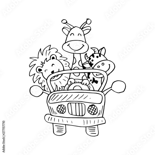 African animals in car. Cartoon illustration. 