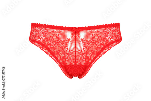 Beautiful female lacy red panties isolated on white background. Sexy underwear
