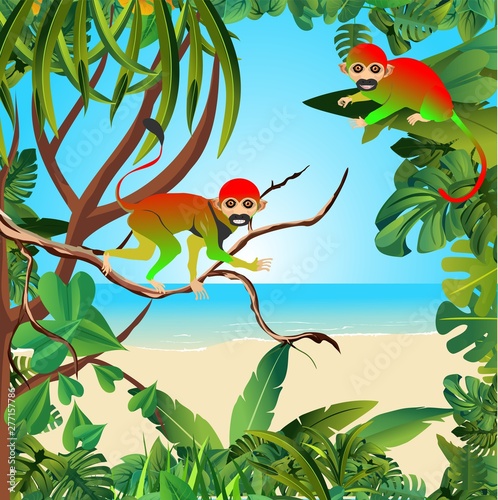 Summer Time Holiday and travel illustration with monkeys on jungle wood background. Tropical floral frame with night sky. Design template