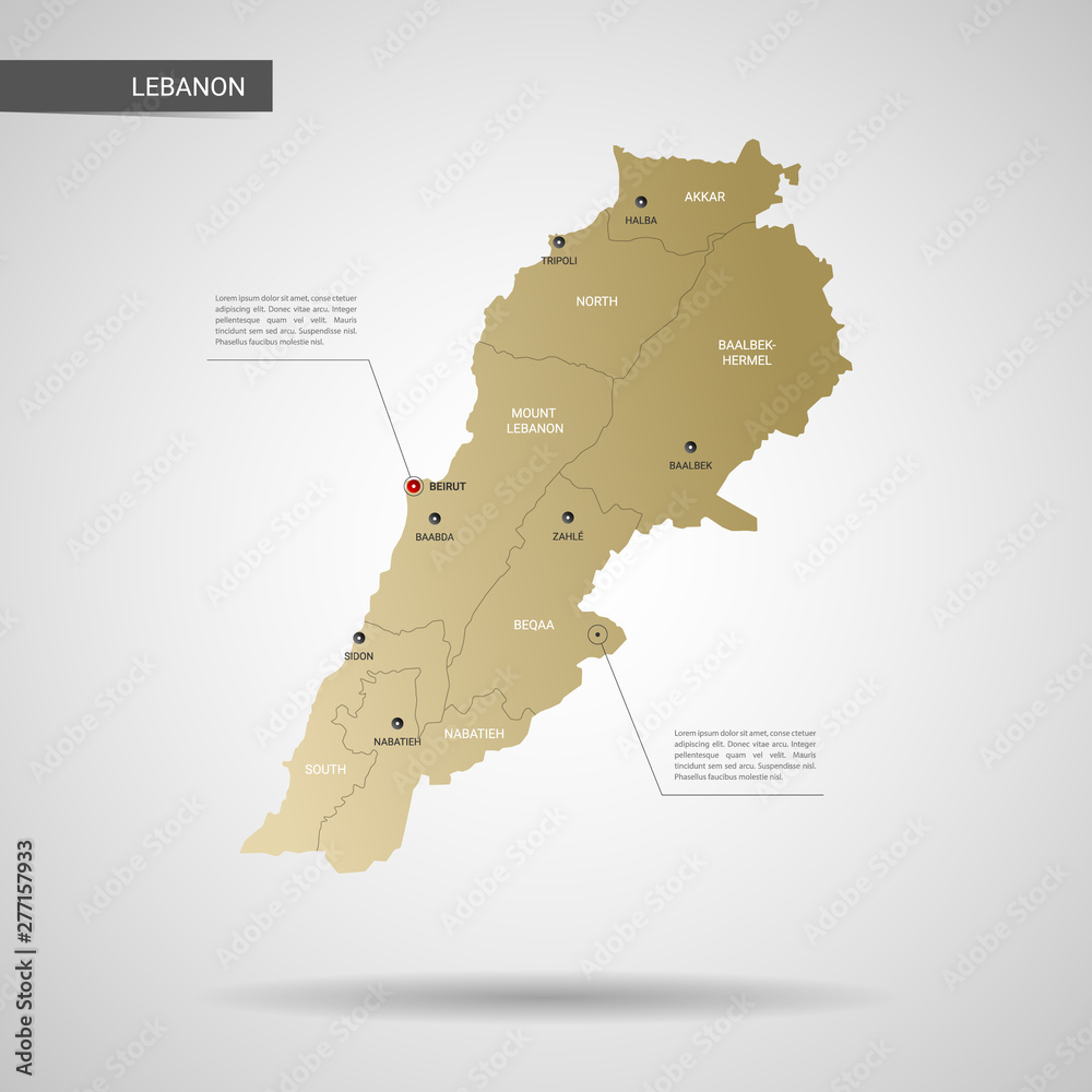 Stylized vector Lebanon map.  Infographic 3d gold map illustration with cities, borders, capital, administrative divisions and pointer marks, shadow; gradient background. 