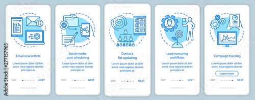 Marketing automation blue onboarding mobile app page screen vector template. Software platforms walkthrough website steps with linear illustrations. UX, UI, GUI smartphone interface concept