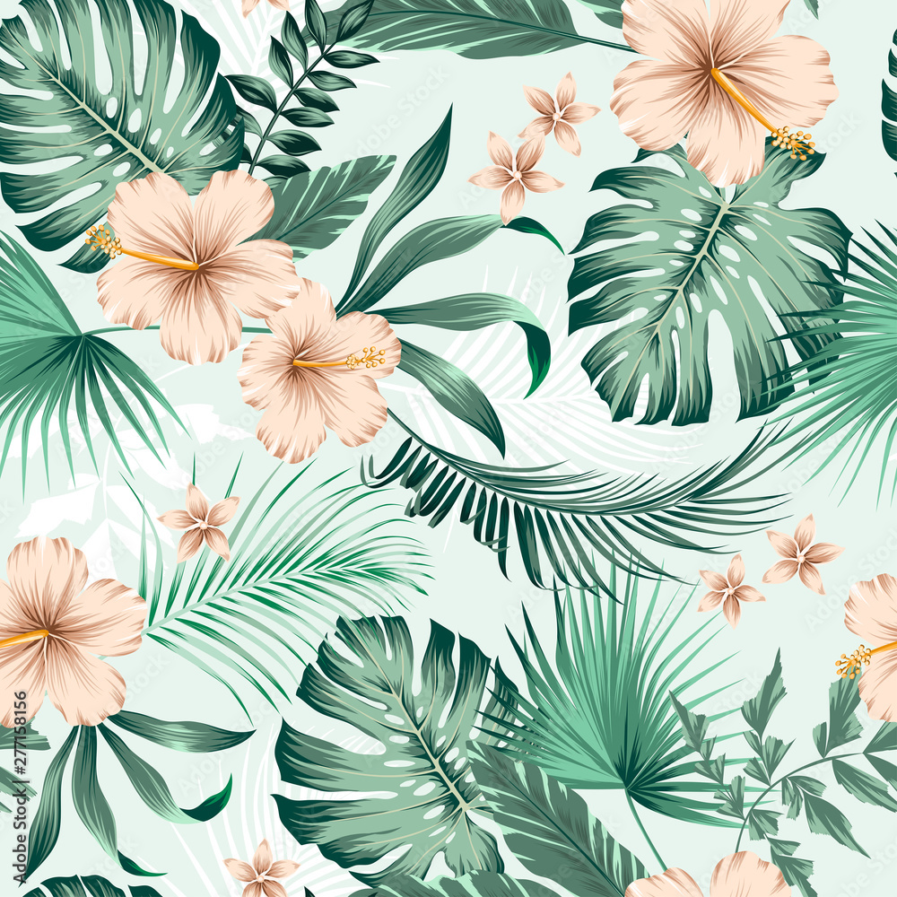 custom made wallpaper toronto digitalvector seamless botanical tropical pattern with flowers. Lush foliage floral design with monstera leaves, areca palm leaves, fan palm, hibiscus flower, frangipani flower. Modern allover background.