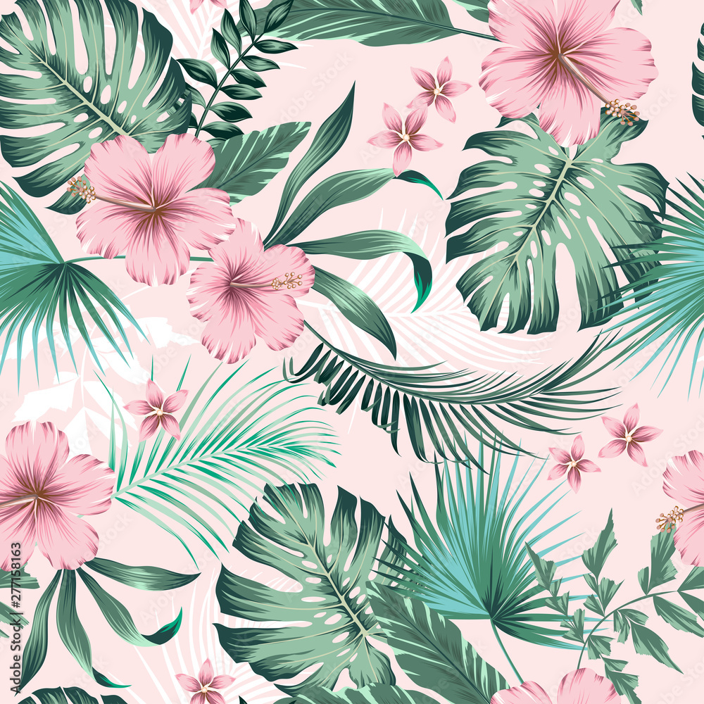 Fototapeta vector seamless botanical tropical pattern with flowers. Lush foliage floral design with monstera leaves, areca palm leaves, fan palm, hibiscus flower, frangipani flower. Modern allover background.