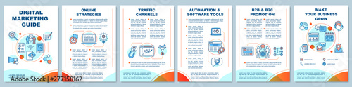 Digital marketing guide brochure template layout. Customer attraction strategy. Flyer, booklet, leaflet print design with linear icons. Vector page layouts for magazines, reports, advertising posters