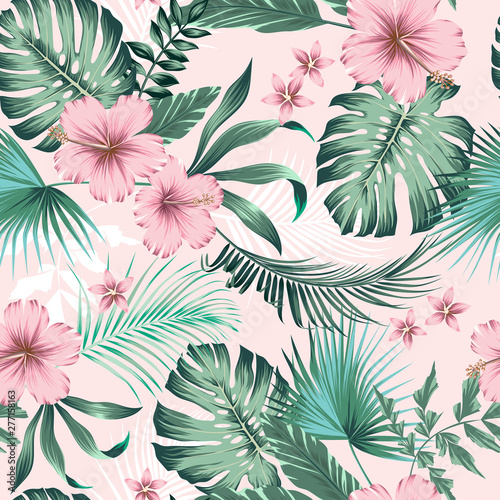 vector seamless botanical tropical pattern with flowers. Lush foliage floral design with monstera leaves, areca palm leaves, fan palm, hibiscus flower, frangipani flower. Modern allover background.