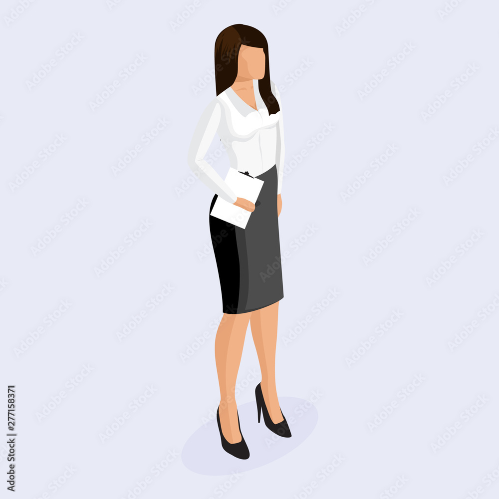 Business woman in corporate clothing, stylish clothing. Trendy isometric woman. 3D Isometric woman in corporate clothing with tablet on a light background. Business woman in corporate clothing, stylish clothing. Trendy isometric woman. 3D Isometric woman in corporate clothing with tablet on a light background.