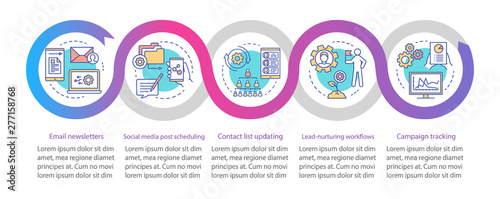 Marketing automation vector infographic template. Business presentation design elements. Data visualization with five steps and options. Process timeline chart. Workflow layout with linear icons