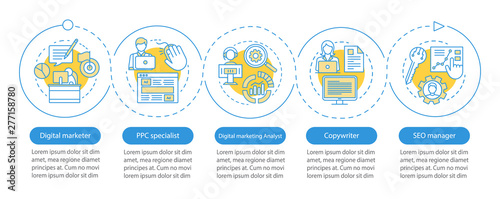 Digital marketing specialties vector infographic template. Business presentation design elements. Data visualization with five options. Process timeline chart. Workflow layout with linear icons