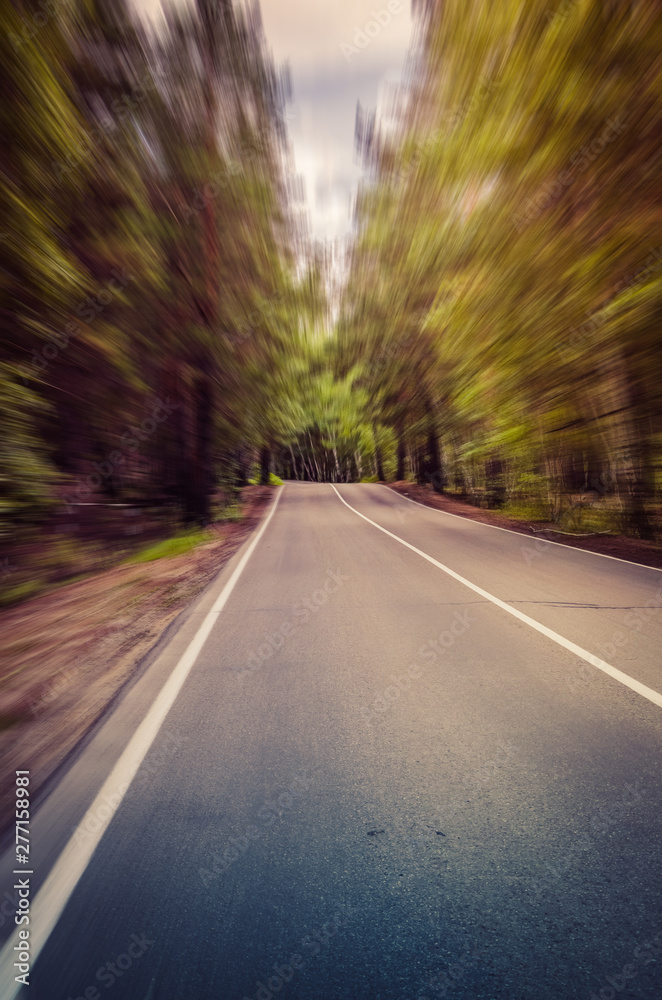 Fototapeta premium A winding mountain road at sunset in a pine forest. Serpentine. Sun rays light and shadow sun motion blur