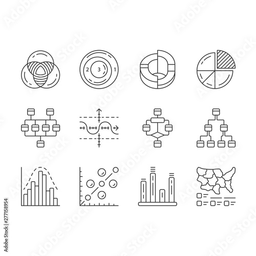 Diagrams linear icons set. Schematic representation of info. Statistics data visualization. Analytical report. Thin line contour symbols. Isolated vector outline illustrations. Editable stroke