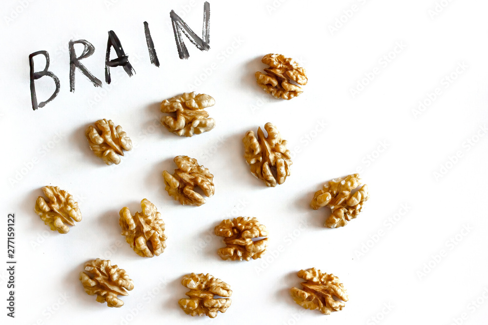 brain and nuts on a white background, healthy eating concept brain and nuts on a white background, healthy eating concept
