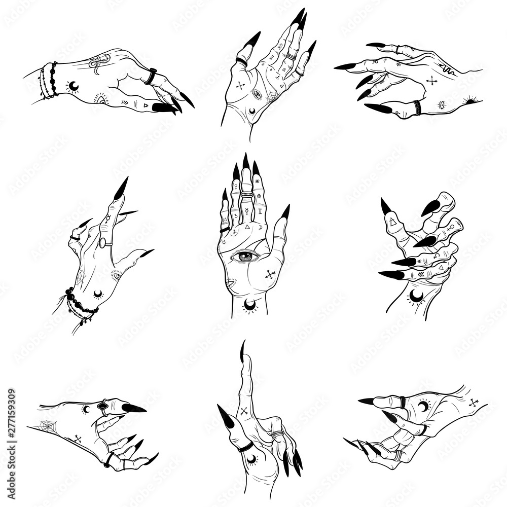 Witch hands with black nails, rings, Magic. Boho style. Stock Vector ...