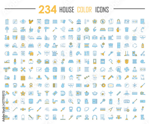 House color icons big set. Household, domestic items. Plumbing, construction tools. Cleaning service, housework. Real estate, property. Home appliances and furniture. Isolated vector illustrations