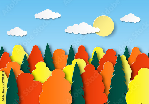 Autumn multi-colored trees on a sunny day. Sky, clouds, forest. Paper cut landscape. Layered design. Vector illustration